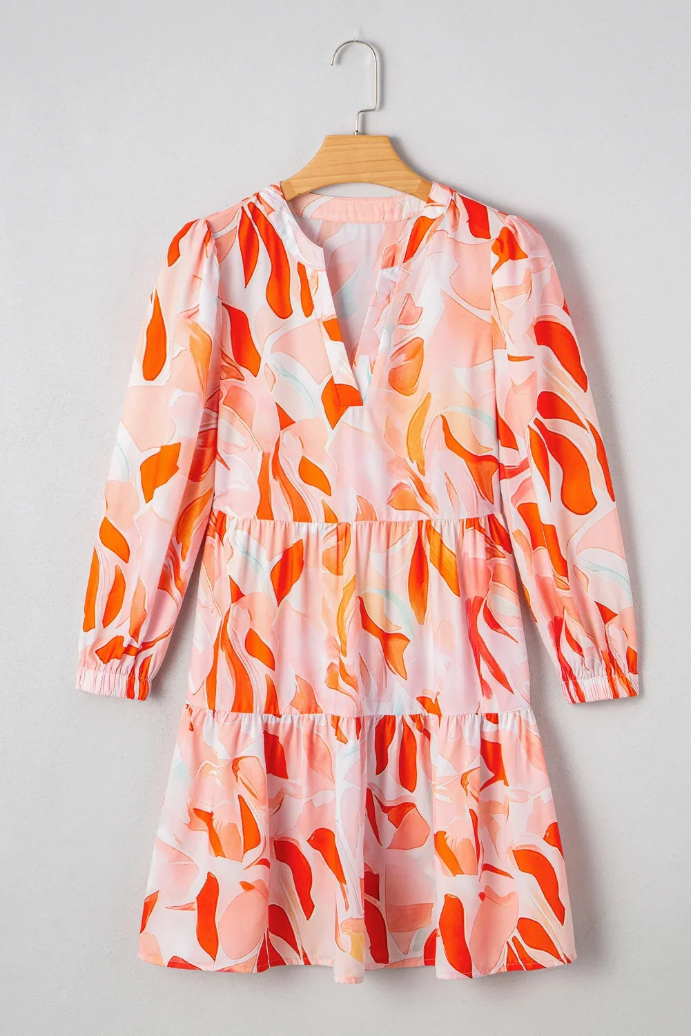 Orange Abstract Print Split Neck Long Sleeve Mini Dress