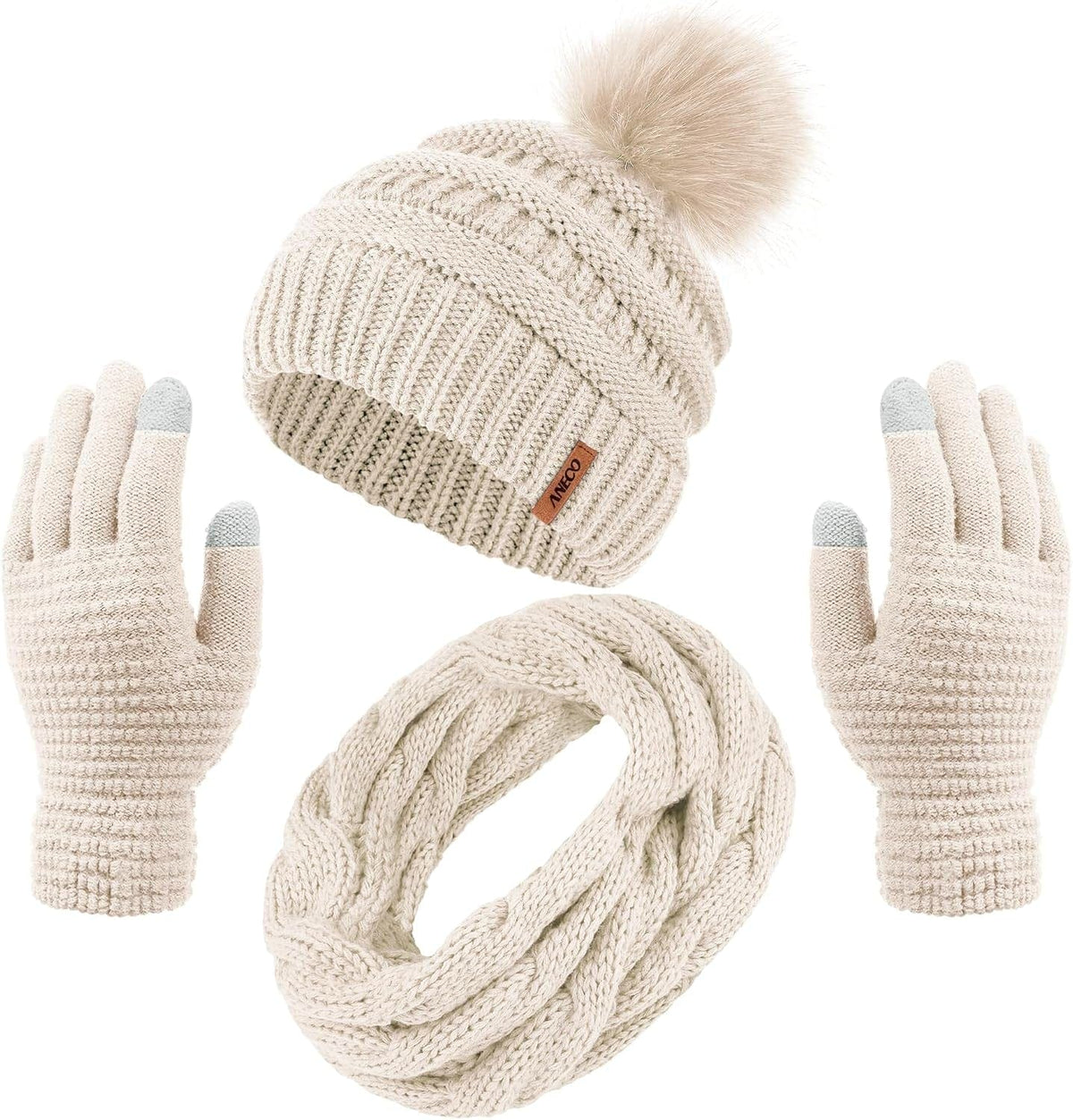 Pom-pom beanie, loop scarf and gloves set – view 1
