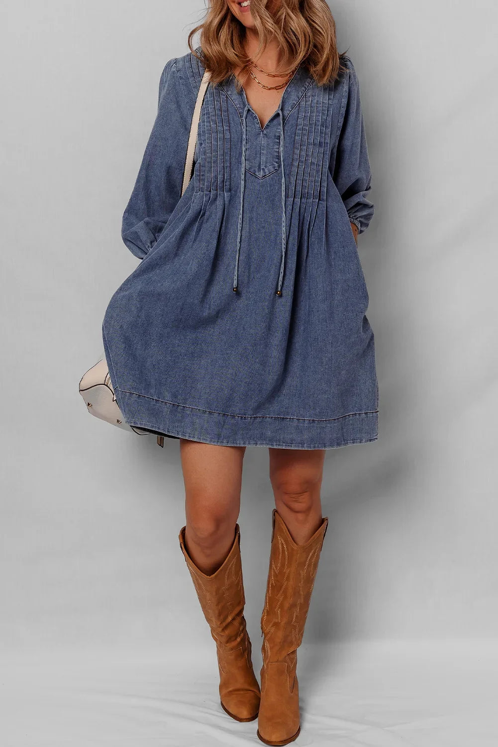 Pleated Denim Mini Dress with Tie V-Neck & 3/4 Sleeves