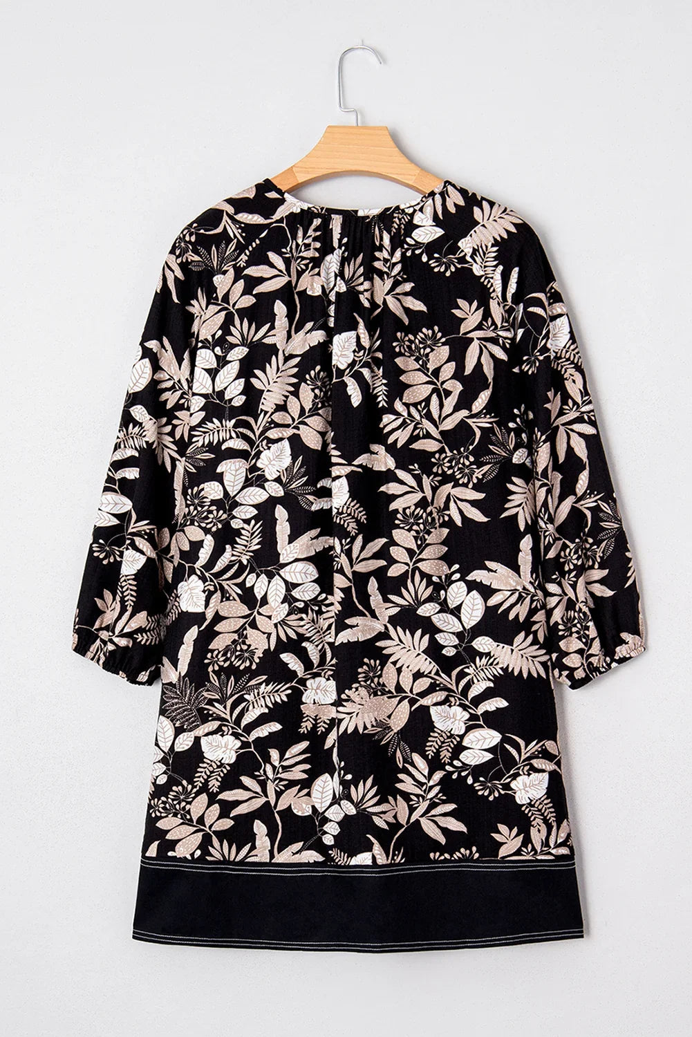 Black Botanical Print Split Neck 3/4 Sleeve Mini Dress