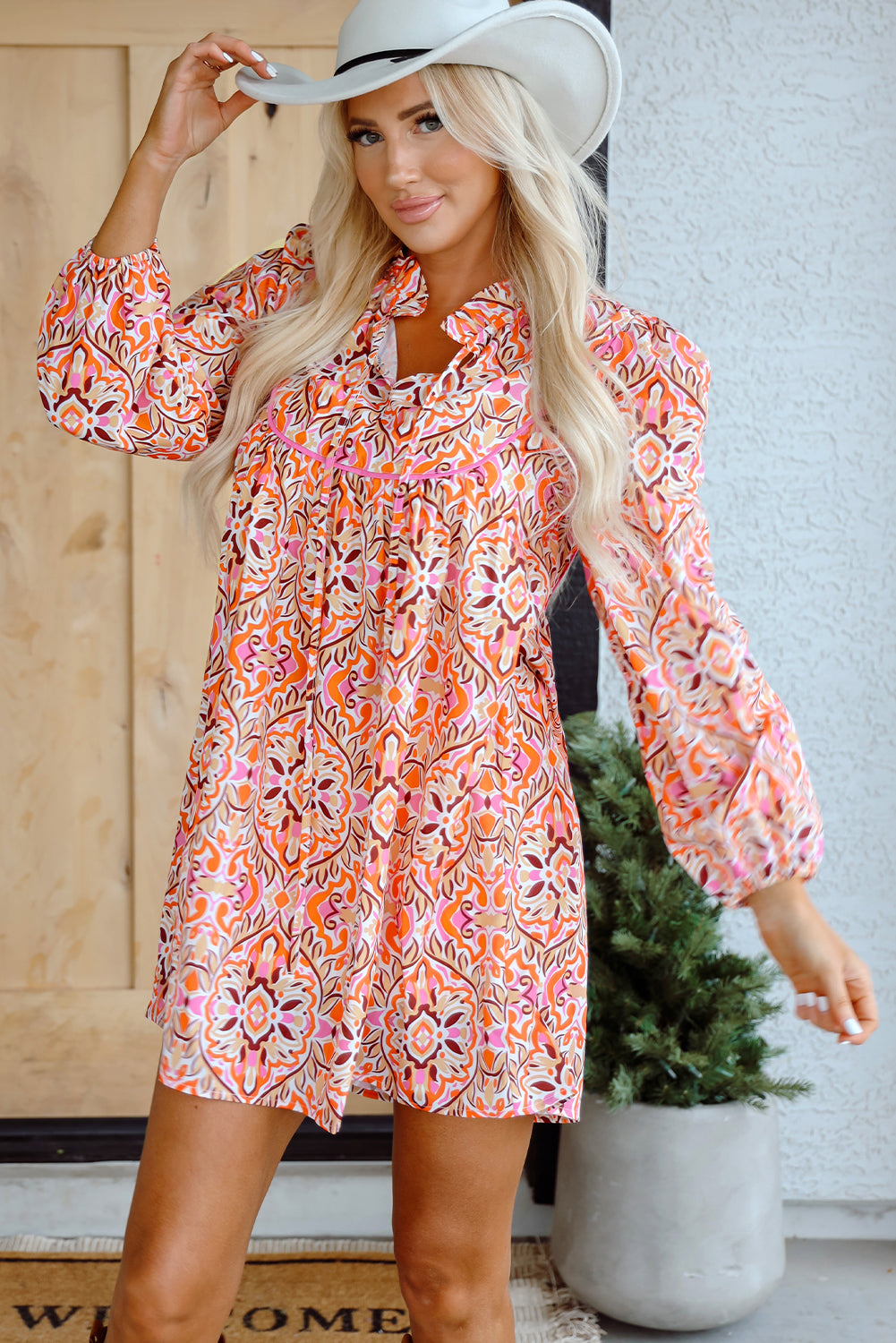 Khaki Abstract Print Lace-Up Neck Long Sleeve Mini Dress