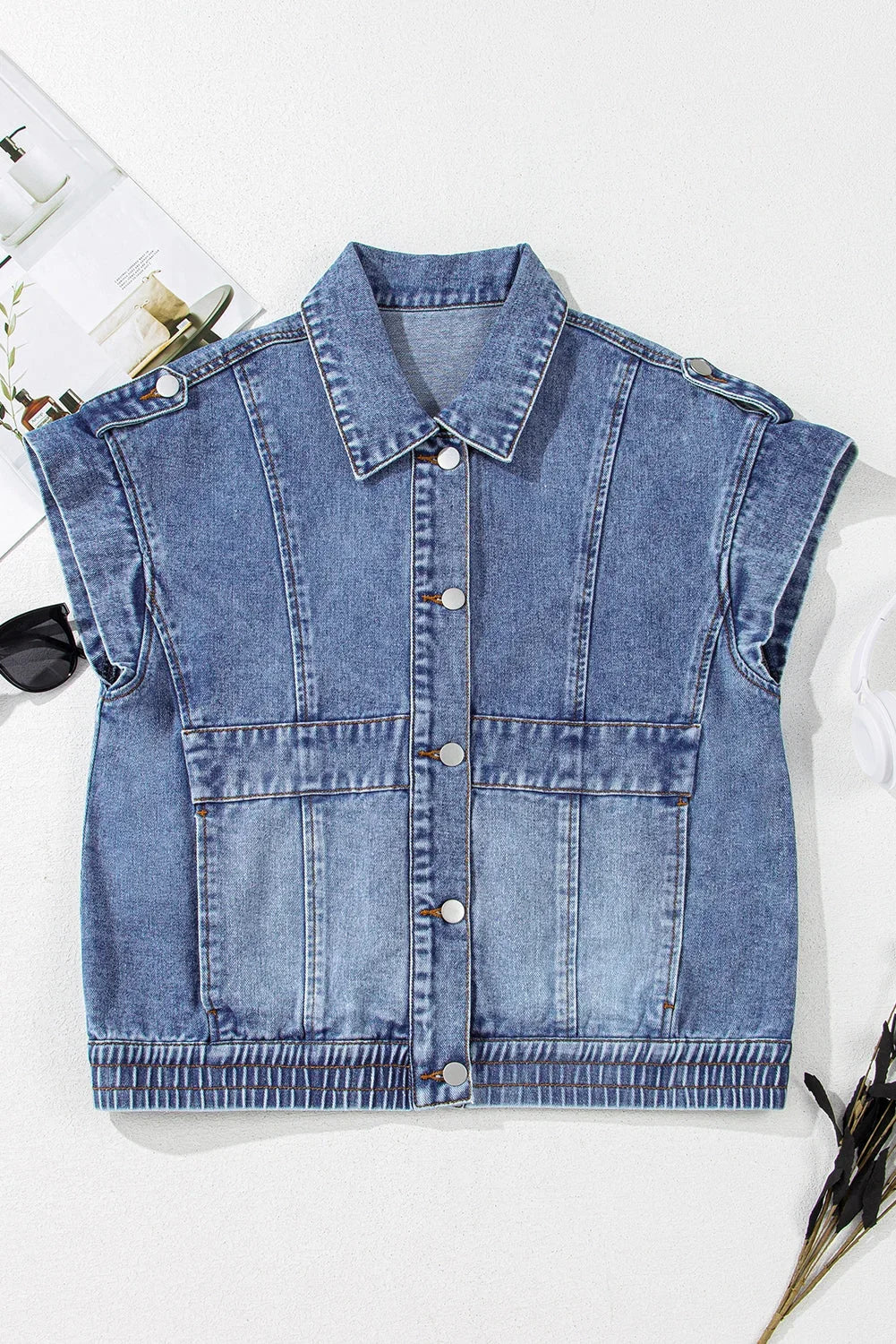 Acid Wash Button-Up Denim Vest with Elastic Hem