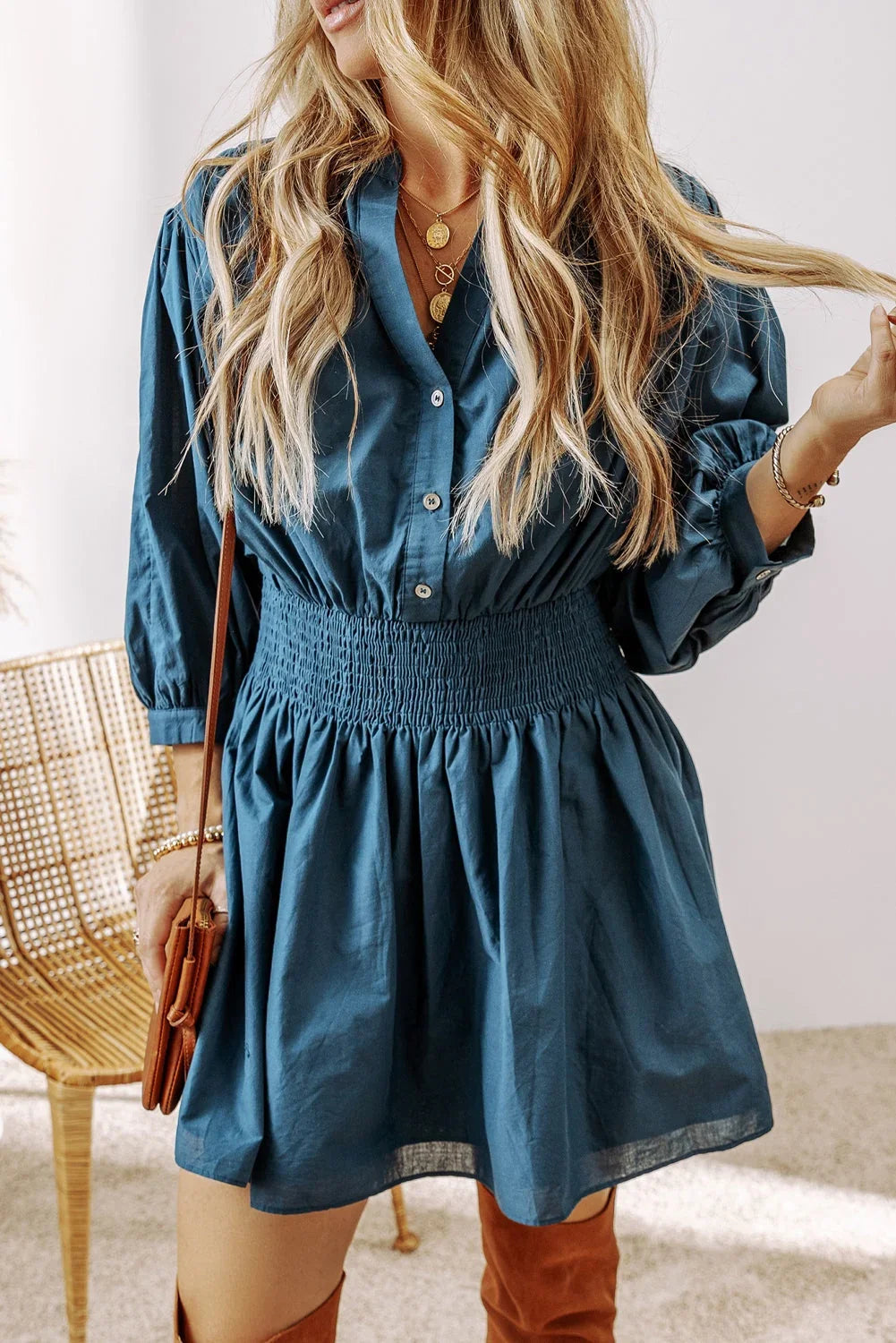 Prussian Blue Shirred High Waist Mini Dress with 3/4 Sleeves