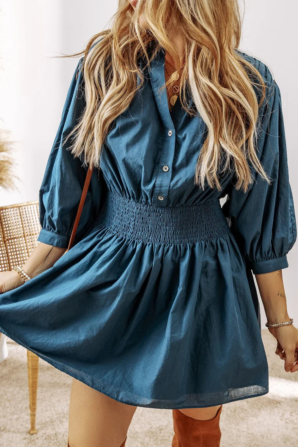 Prussian Blue Shirred High Waist Mini Dress with 3/4 Sleeves