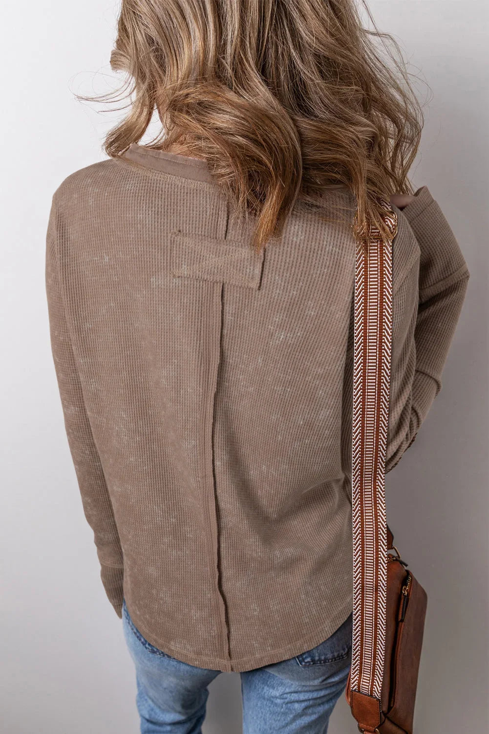 Coffee Acid Wash Waffle Knit Button V-Neck Long Sleeve Top