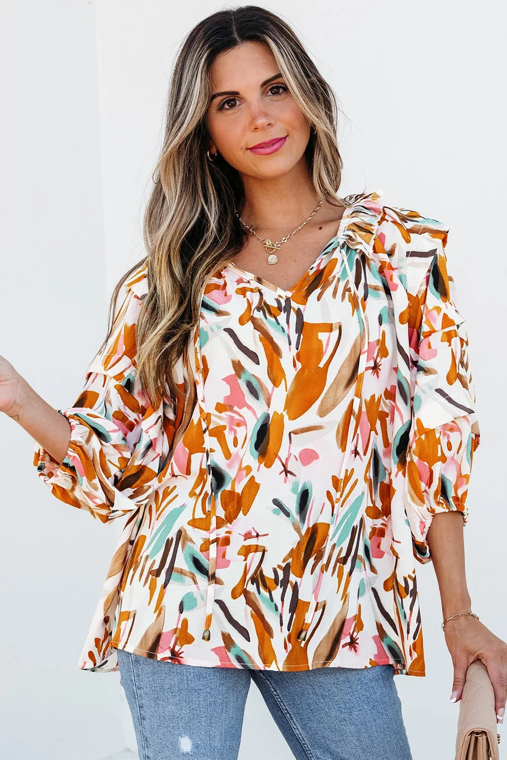 Yellow Abstract Print Drawstring V-Neck 3/4 Sleeve Blouse