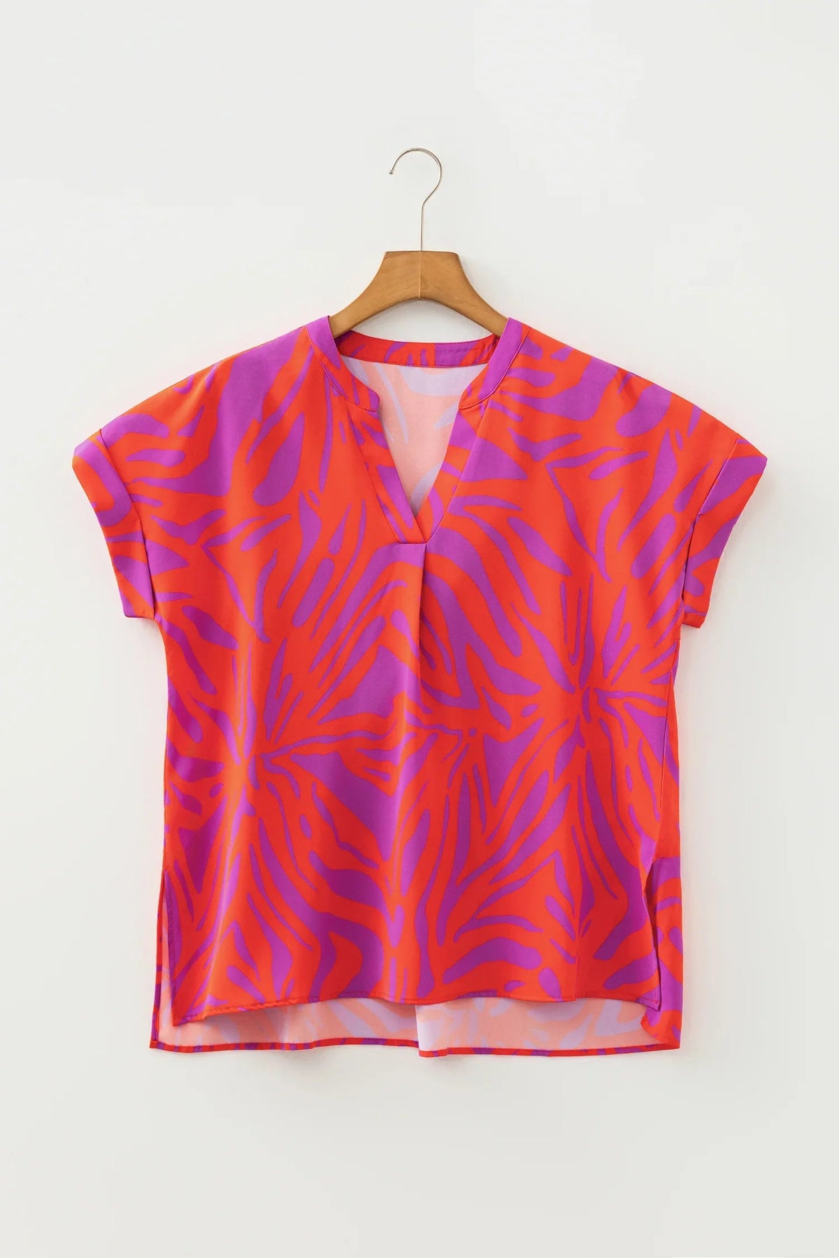 Abstract Print V-Neck Cuffed Short Sleeve Slit Blouse