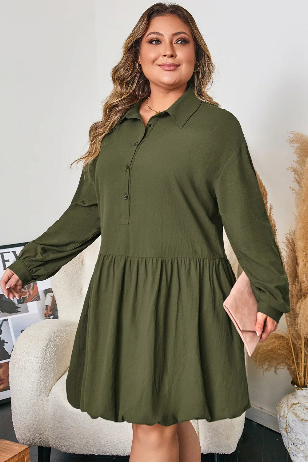 Plus Size Green Cotton Long Sleeve Bubble Hem Mini Dress