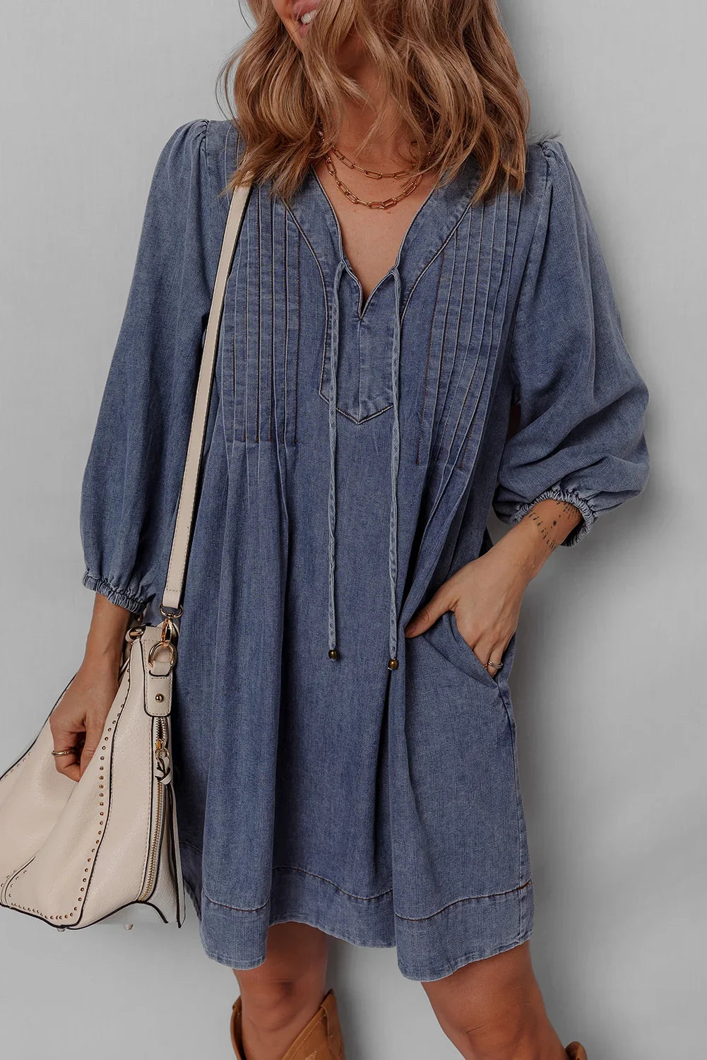 Pleated Denim Mini Dress with Tie V-Neck & 3/4 Sleeves