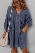 Pleated Denim Mini Dress with Tie V-Neck & 3/4 Sleeves