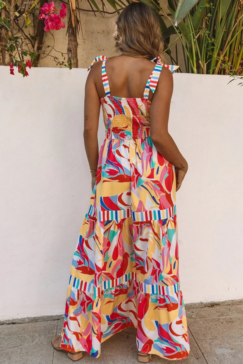 Abstract Print Striped Trim Sleeveless Maxi Sundress