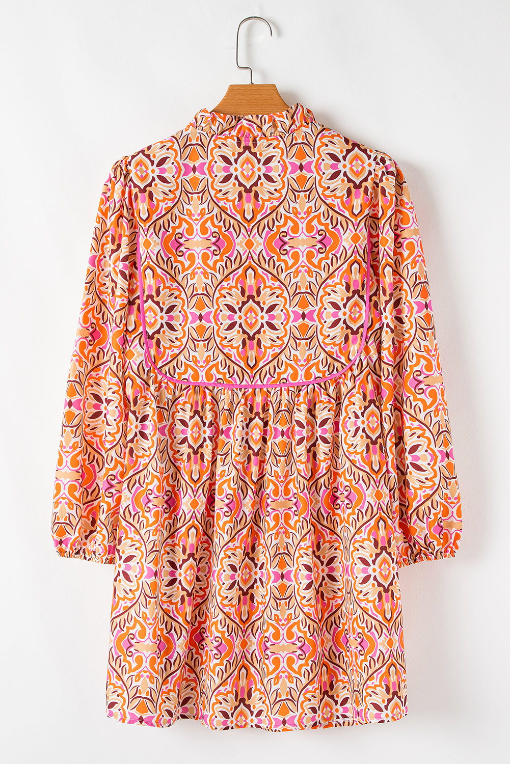 Khaki Abstract Print Lace-Up Neck Long Sleeve Mini Dress