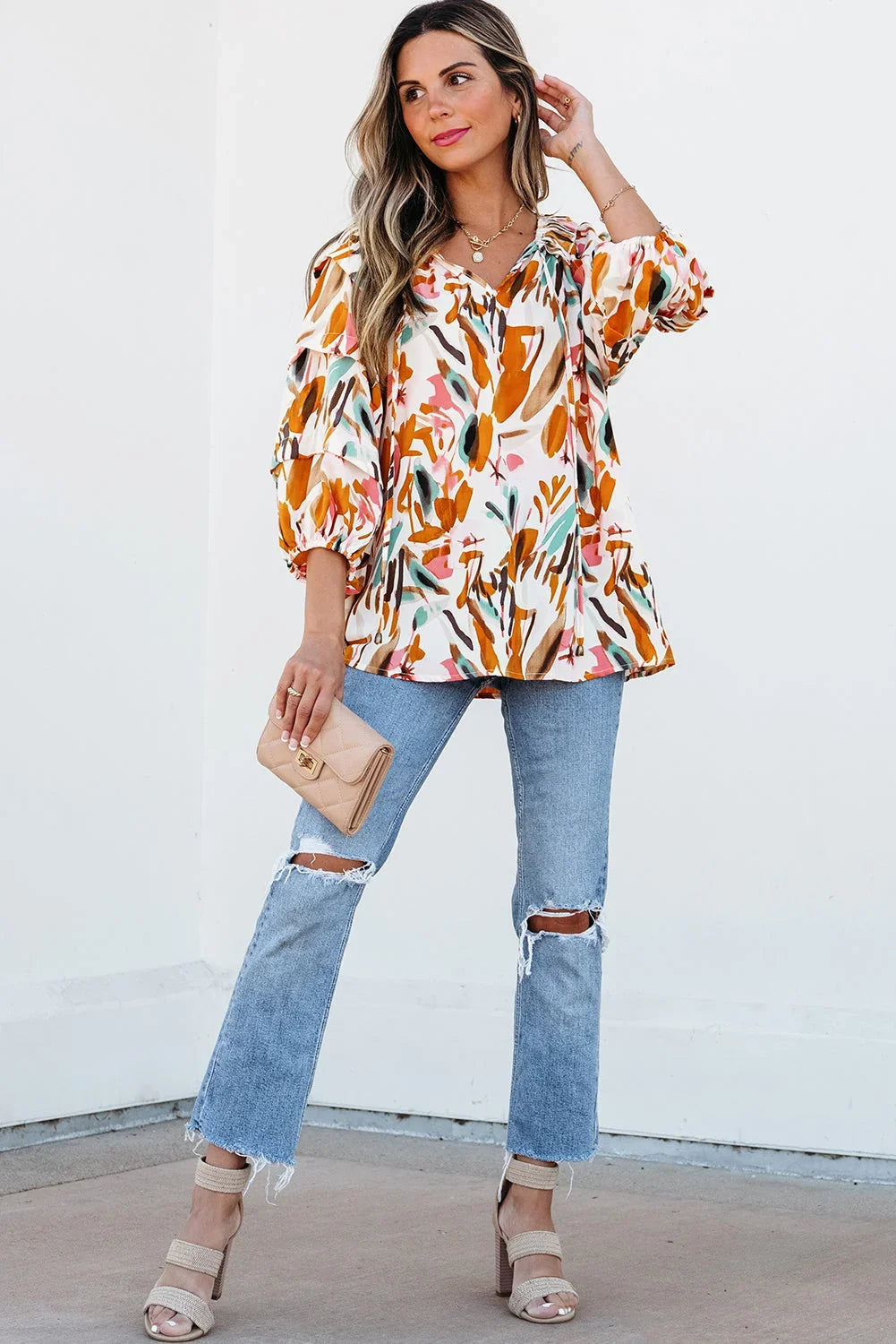 Yellow Abstract Print Drawstring V-Neck 3/4 Sleeve Blouse