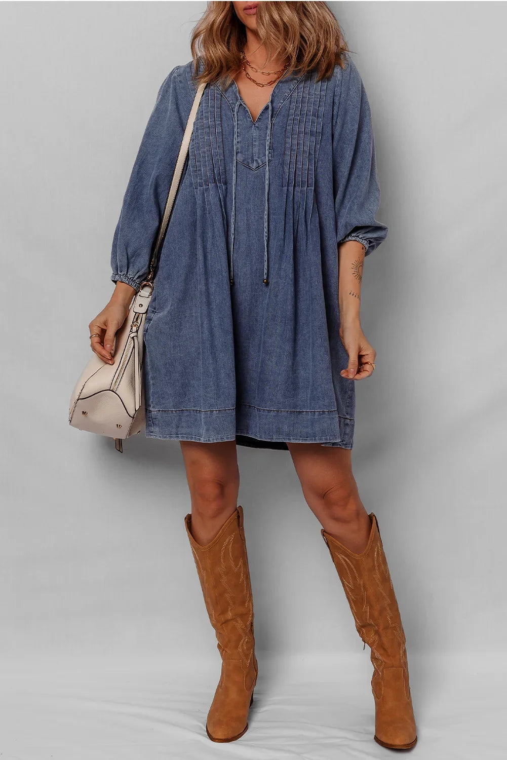 Pleated Denim Mini Dress with Tie V-Neck & 3/4 Sleeves