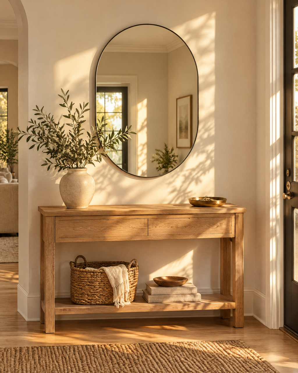 Oval wall mirror above an oak console table in a sunlit entryway