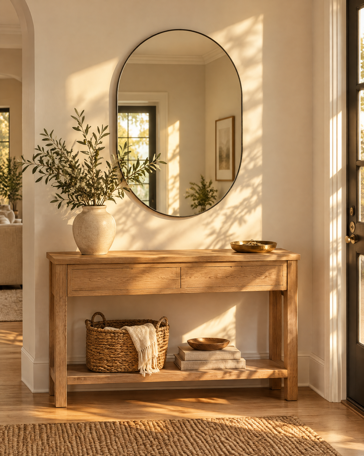 Oval wall mirror above an oak console table in a sunlit entryway