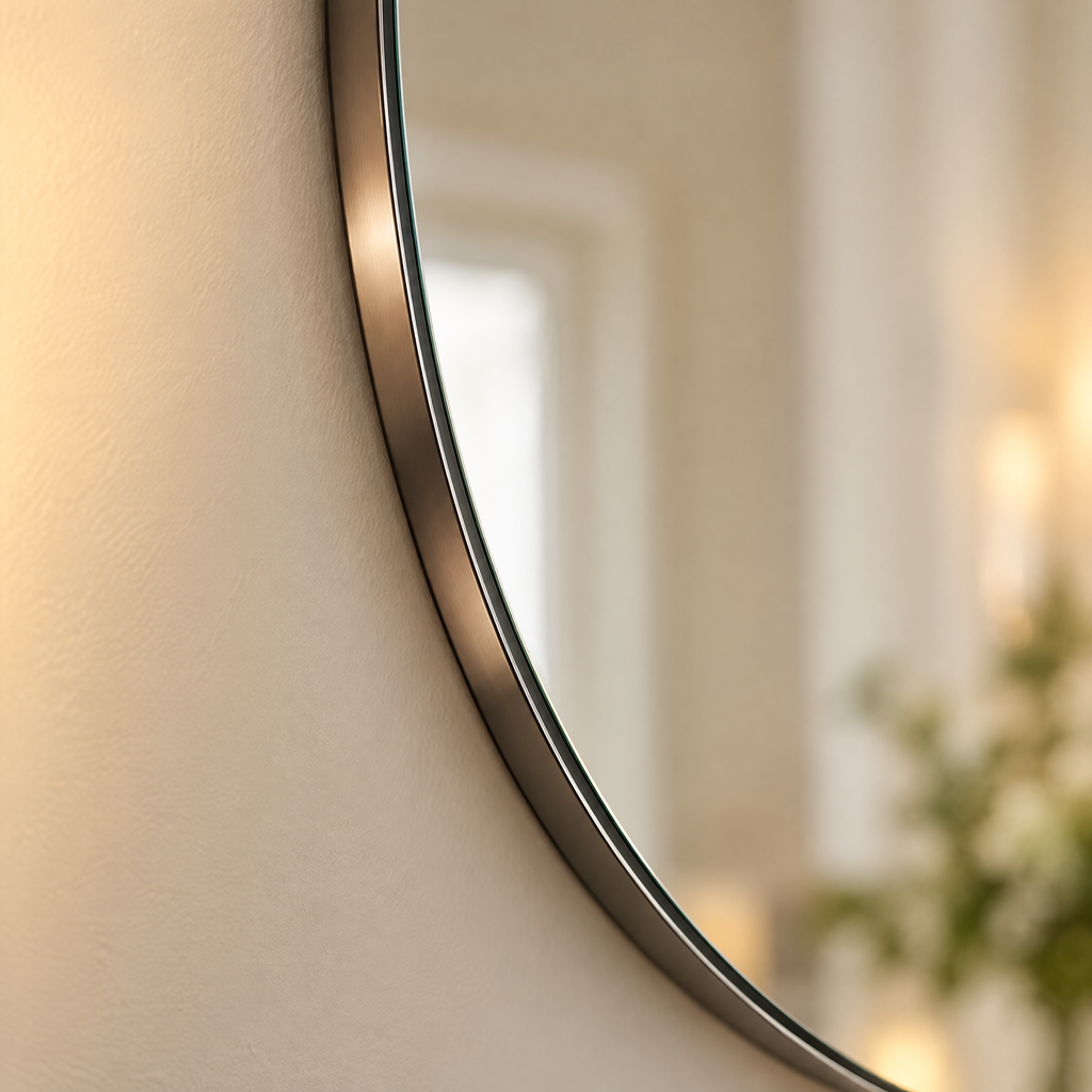 Close-up of the oval mirror's slim metal frame edge