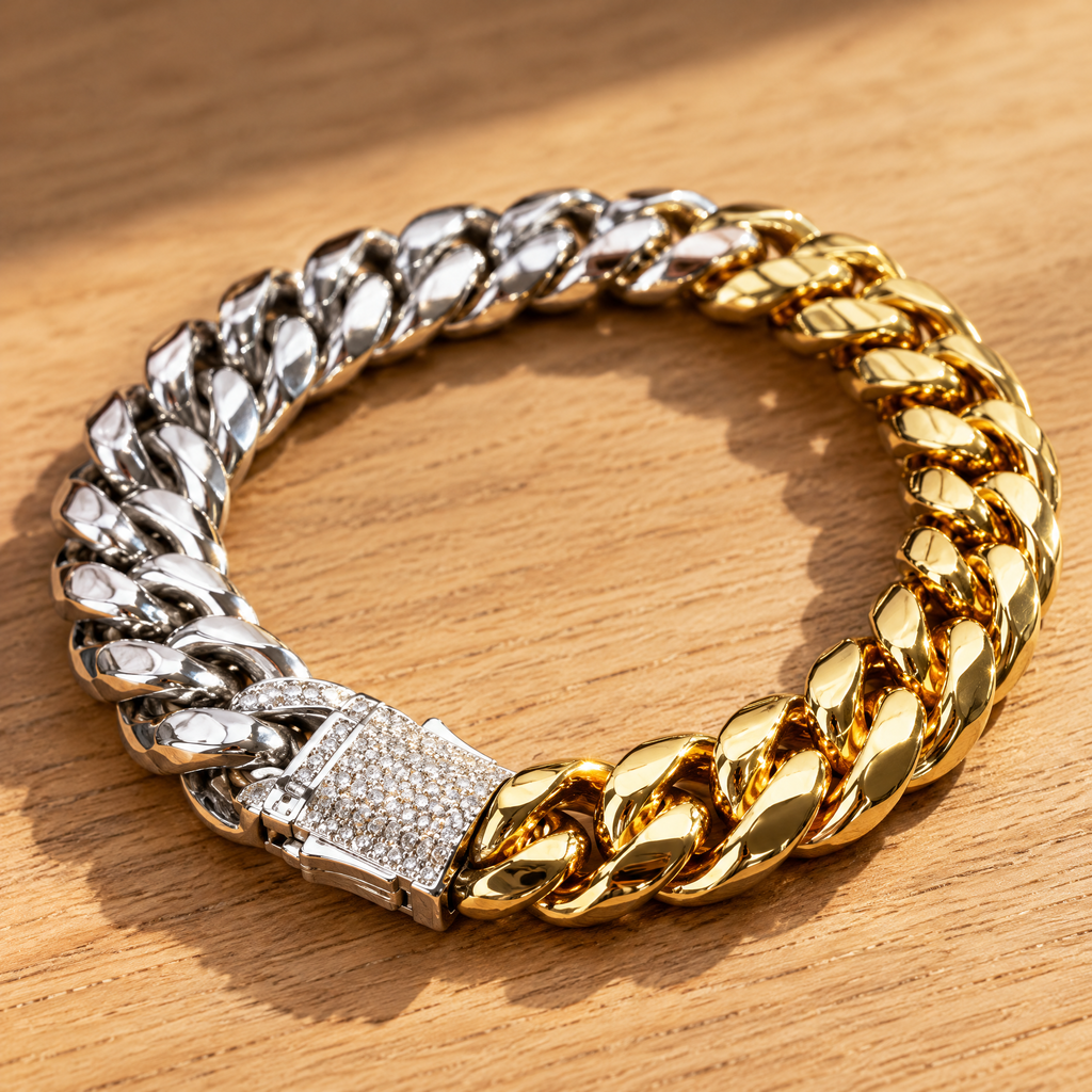 Close-up of the Cuban link bracelet's links and clasp