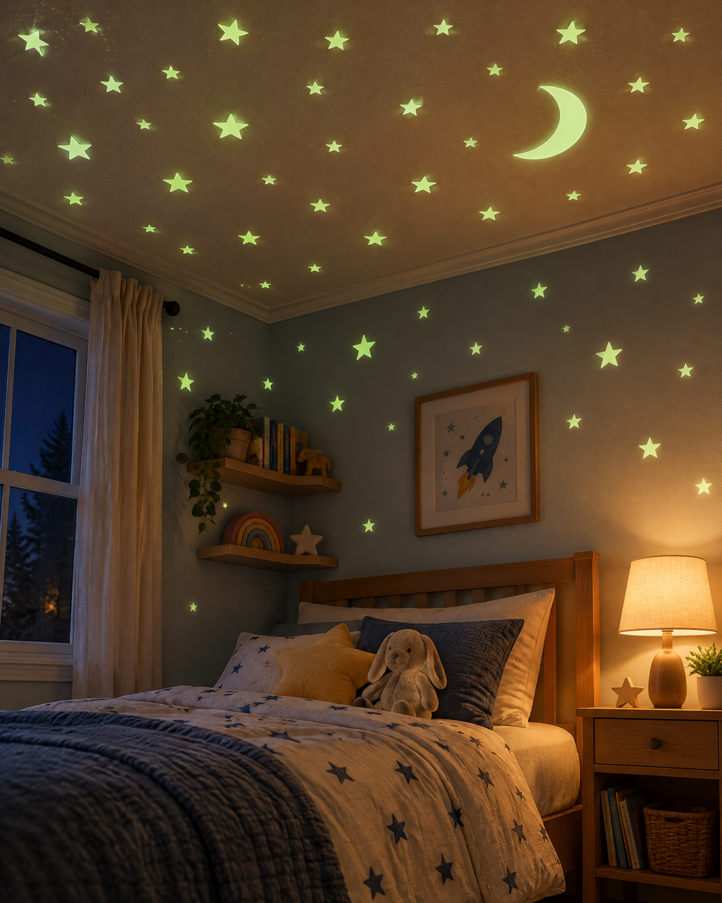 Glowing stars and moon on a bedroom ceiling at night