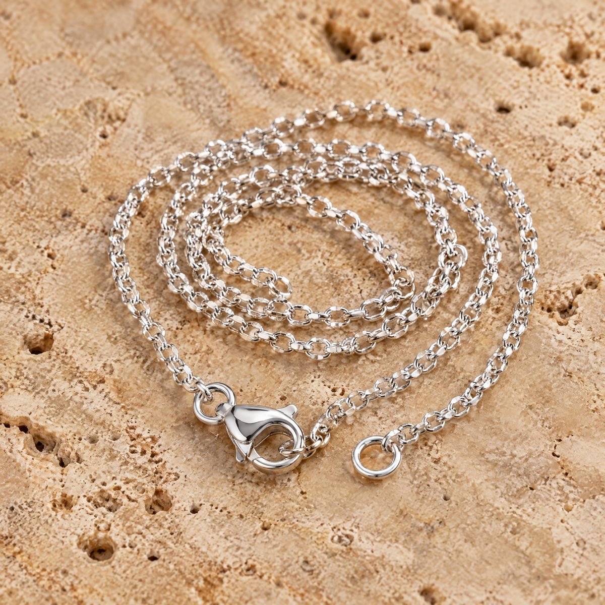 Close-up of the silver necklace chain and clasp