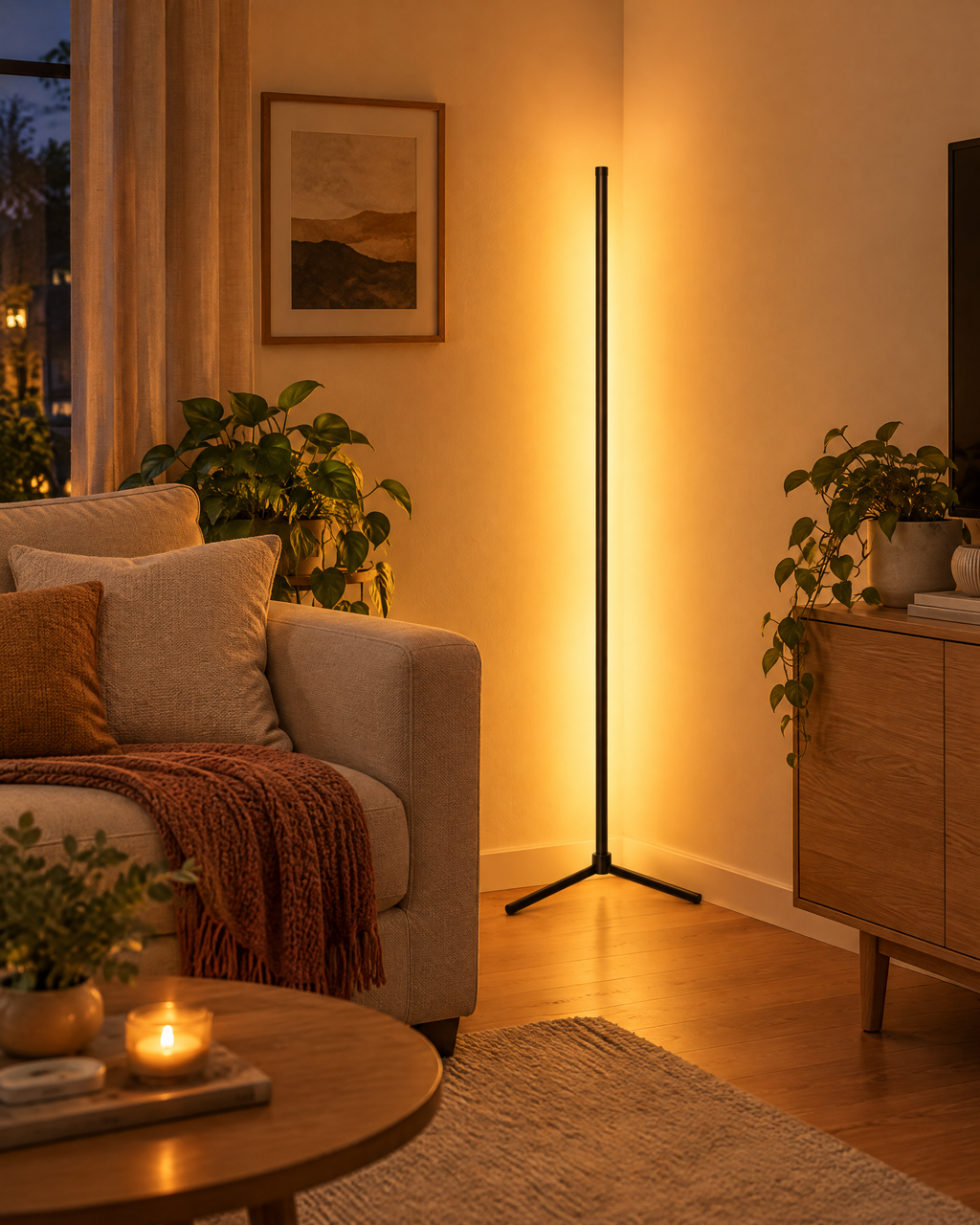 Corner LED floor lamp glowing in a living room