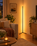 Corner LED floor lamp glowing in a living room