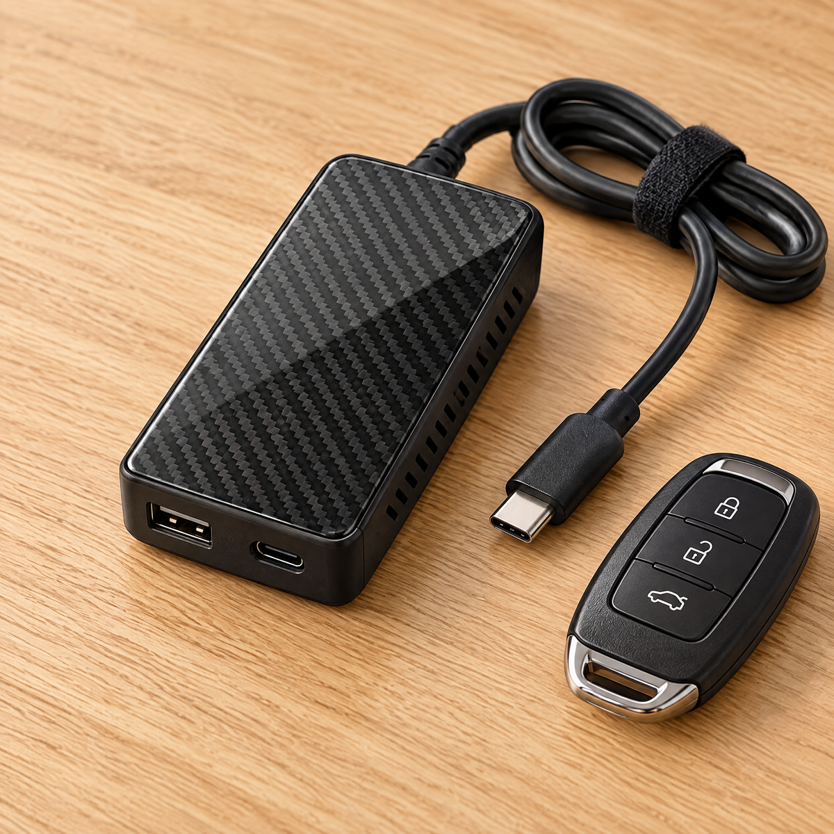 Close-up of the wireless car adapter next to a car key for scale