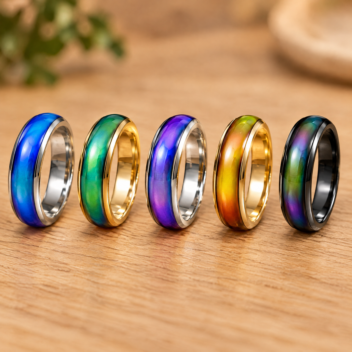 Five mood rings showing different colors
