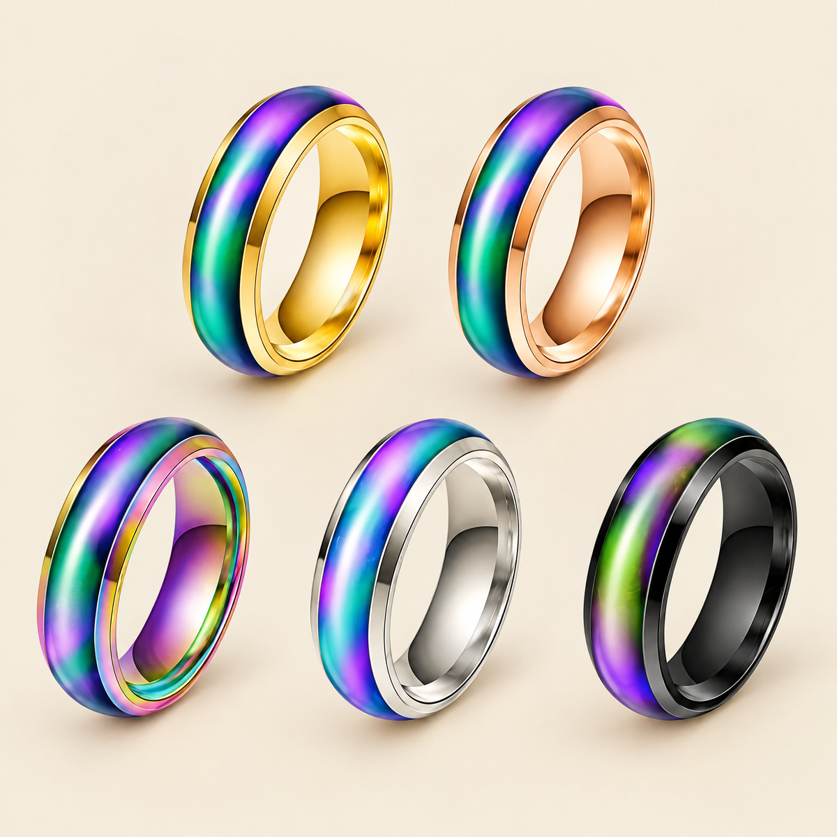 Set of five color-changing mood rings