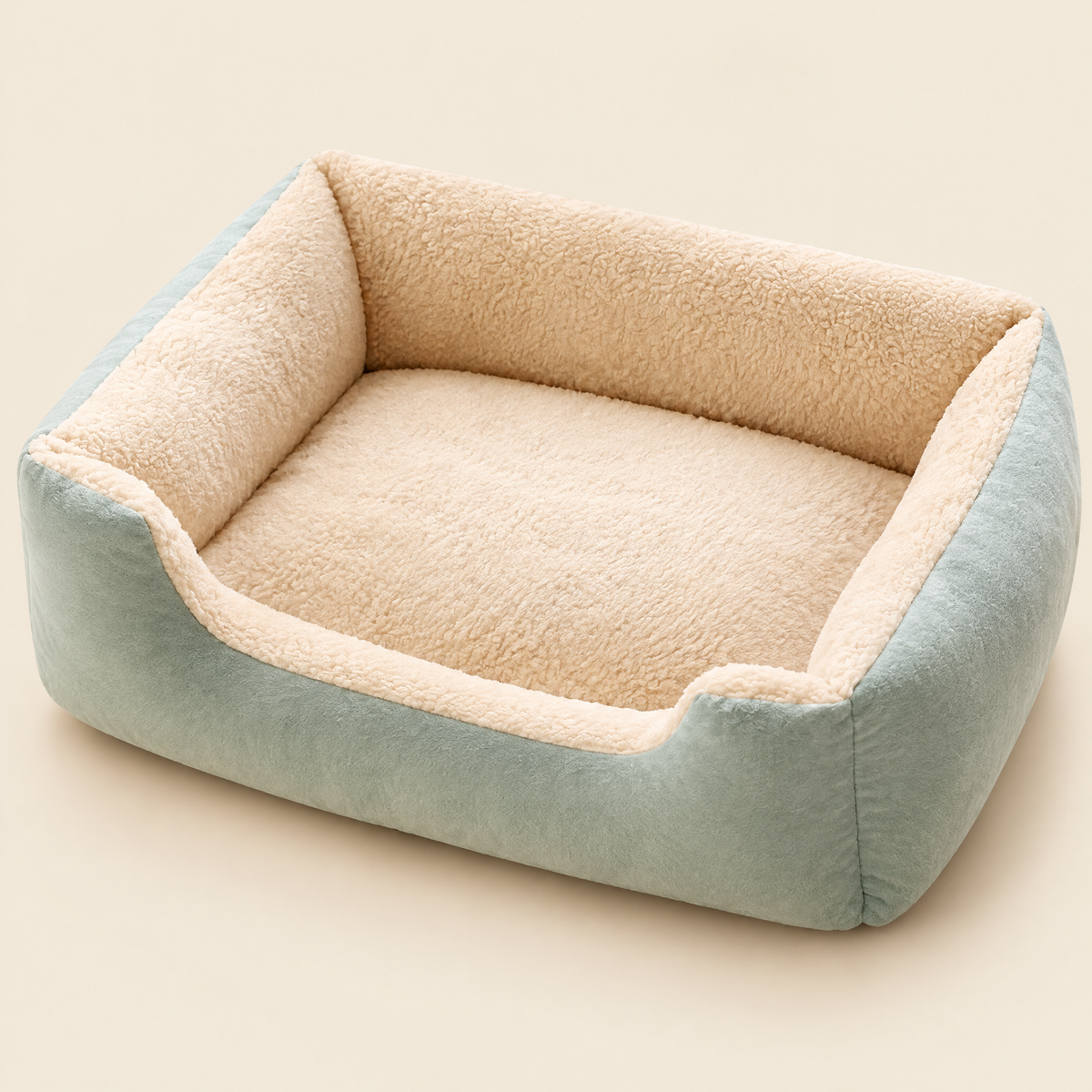 Round plush pet bed on a cream background