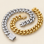 Stainless steel Cuban link bracelet on a cream background