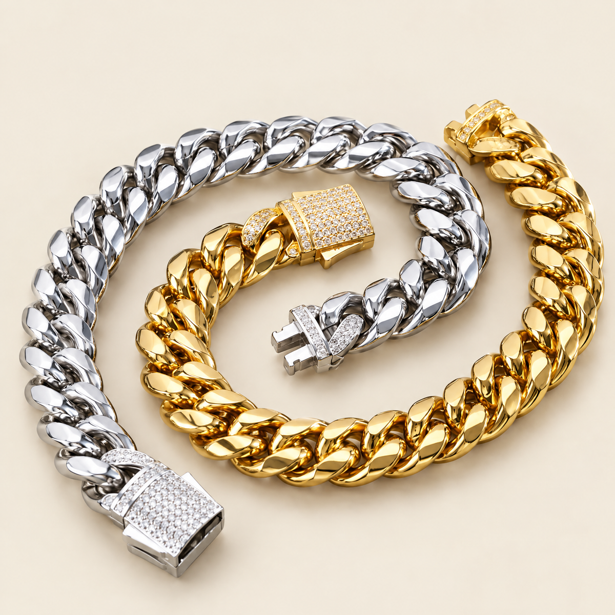 Stainless steel Cuban link bracelet on a cream background
