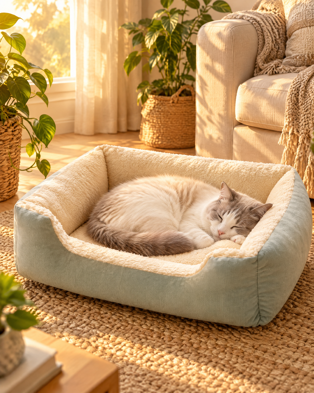 Cat sleeping in the plush pet bed