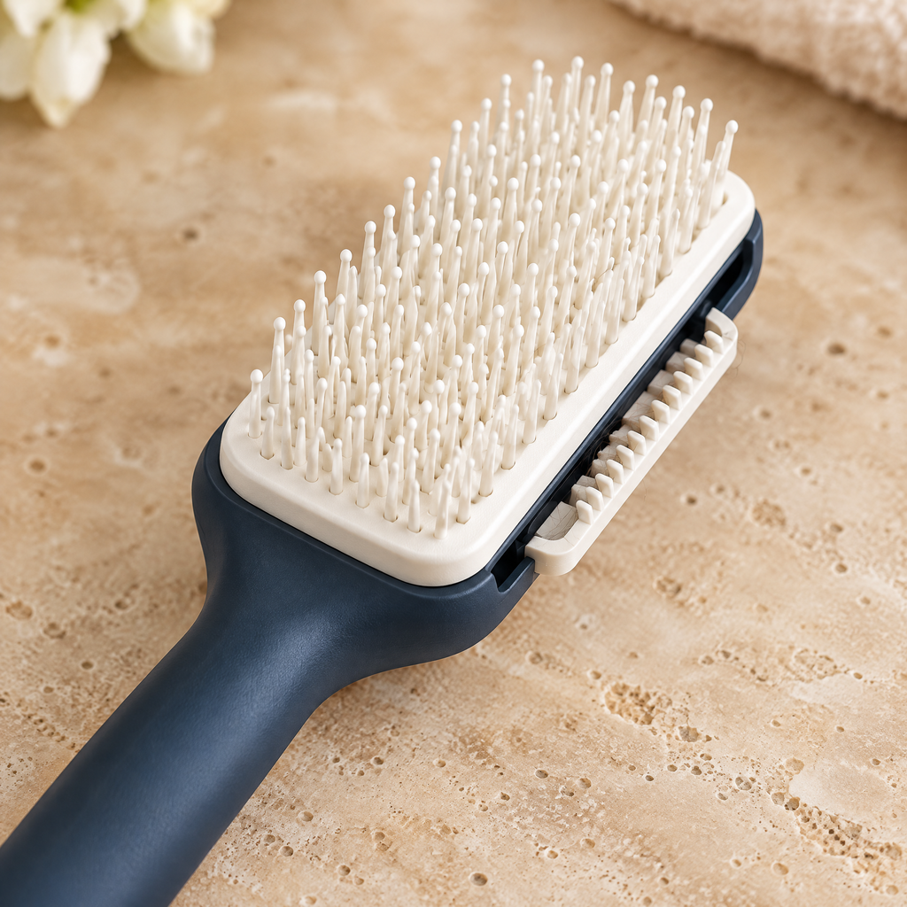 Close-up of the hairbrush bristles and cleaning mechanism