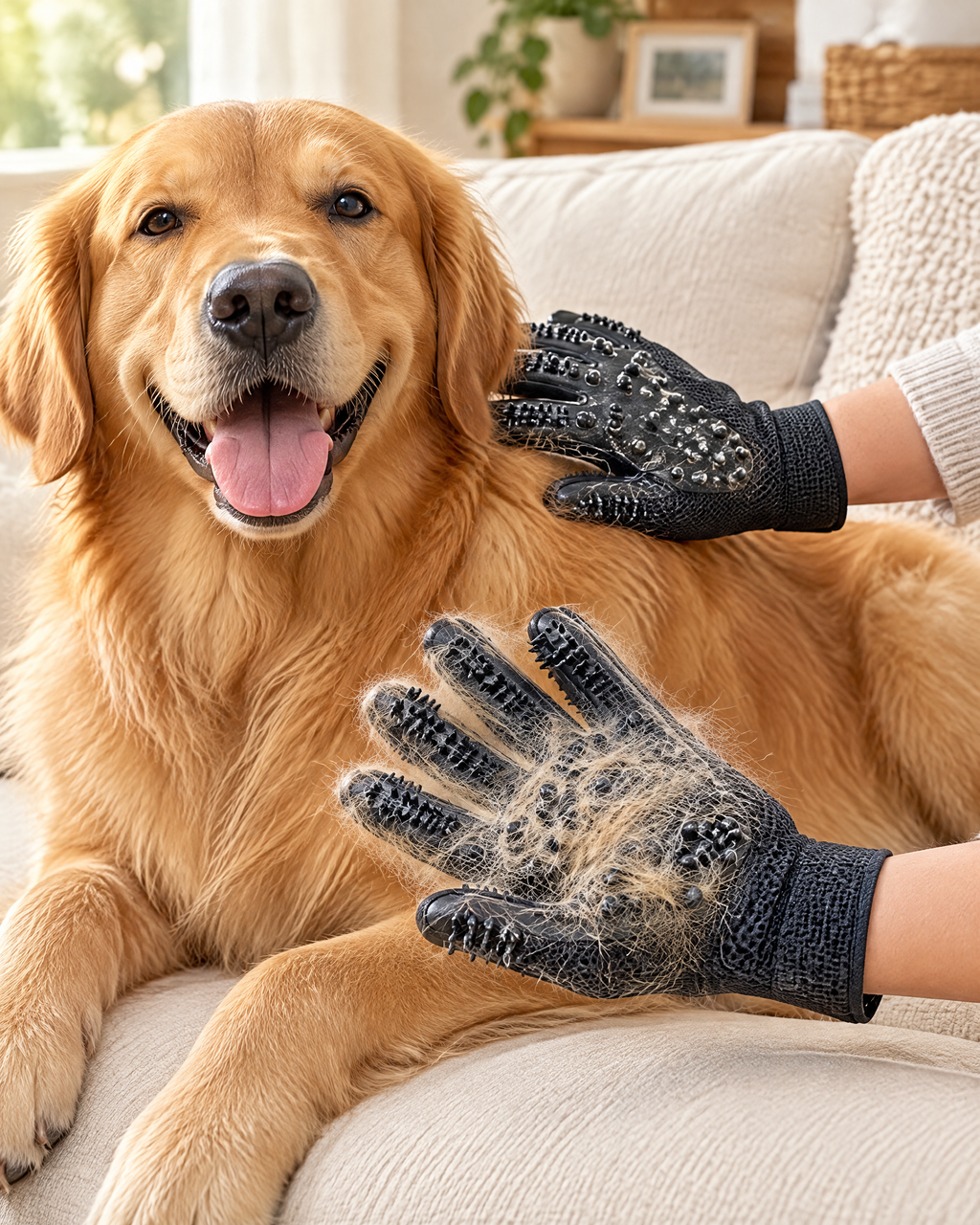 Grooming gloves being used on a dog