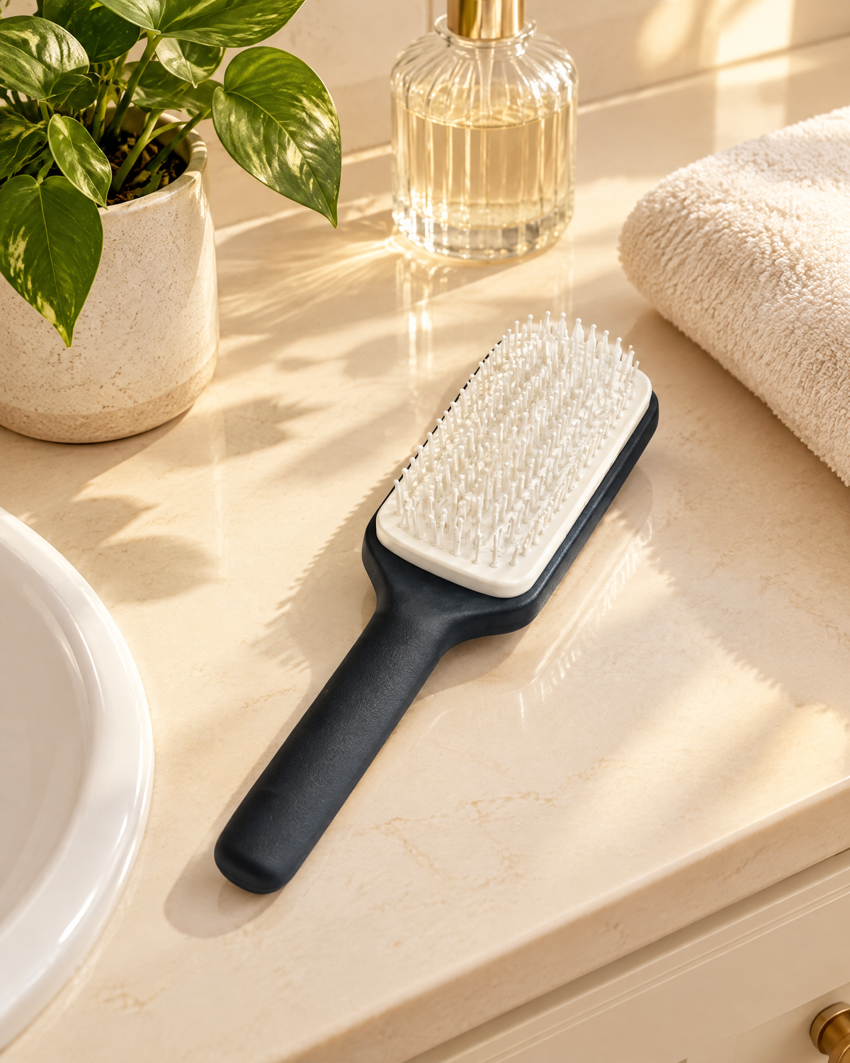 Self-cleaning hairbrush on a bathroom vanity