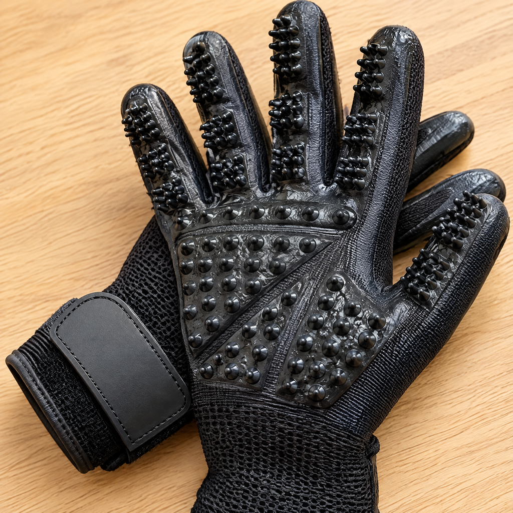 Close-up of the grooming glove tips and wrist strap