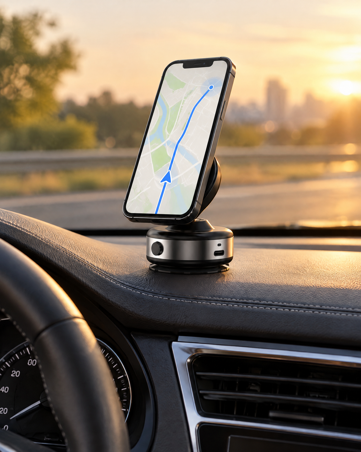Phone holder mounted on a car dashboard