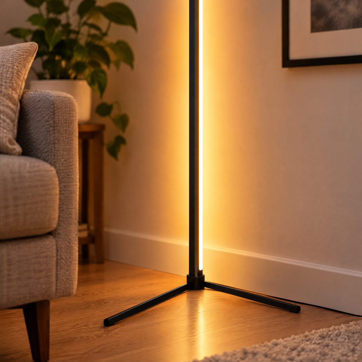 Close-up of the LED floor lamp light bar and base