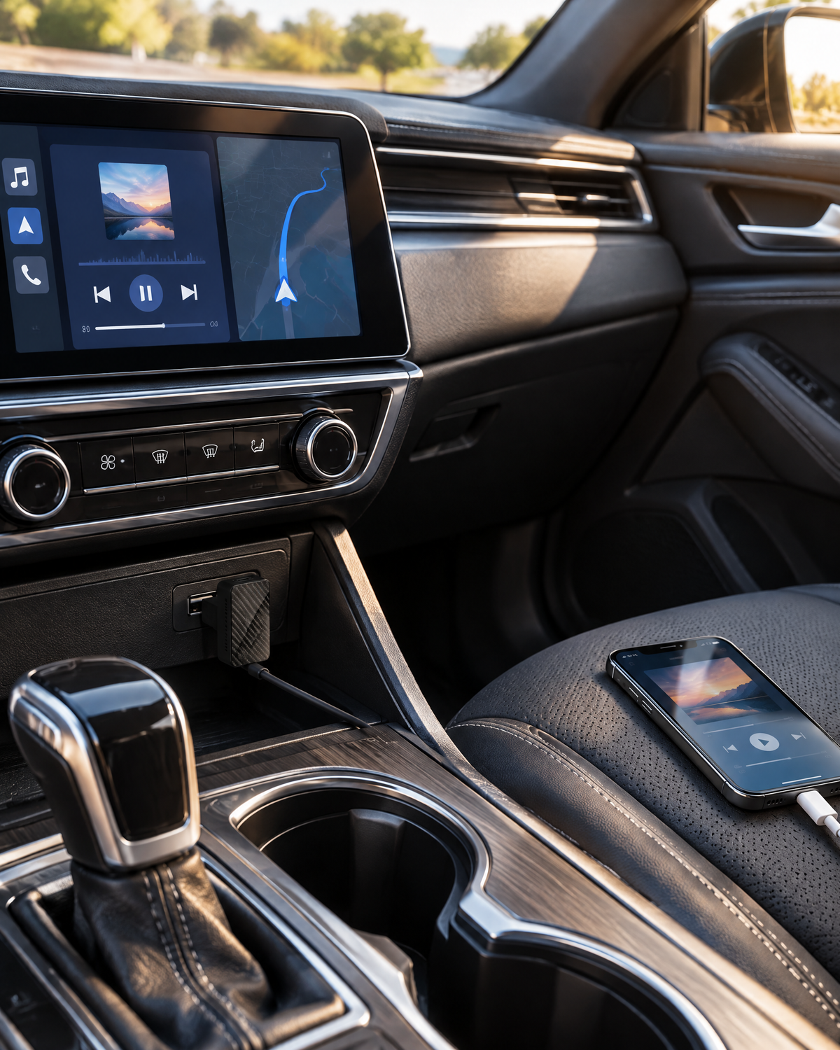 Wireless car adapter plugged into a car console