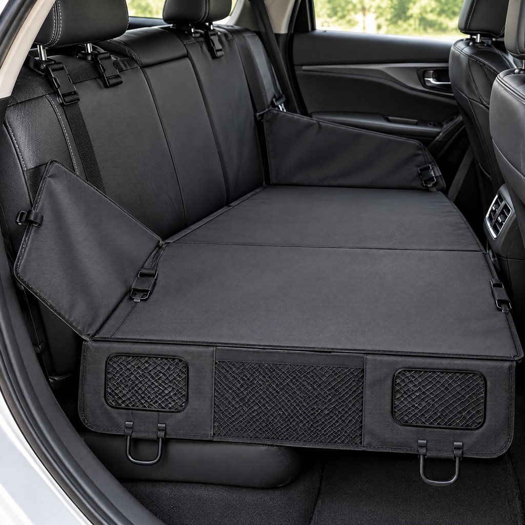 Close-up of the back seat extender fabric and buckles