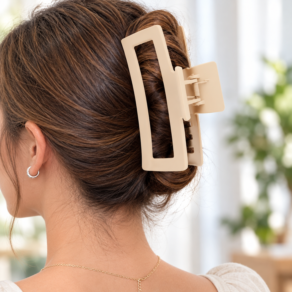 Close-up from behind of a sleek twisted updo held firmly by an extra-large matte claw clip