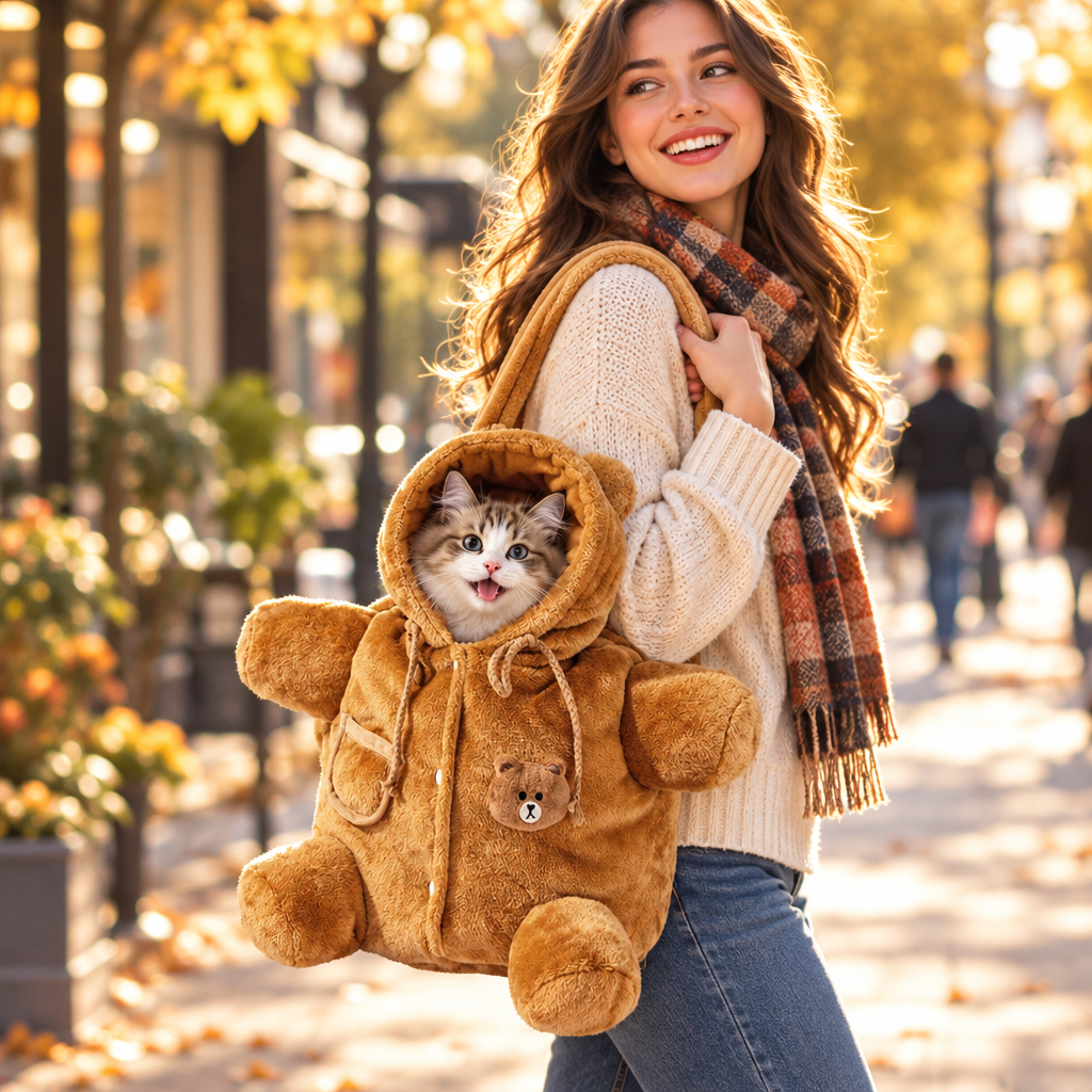 Woman walking a sunny autumn street carrying the bear-style pet carrier shoulder bag with her cat peeking out