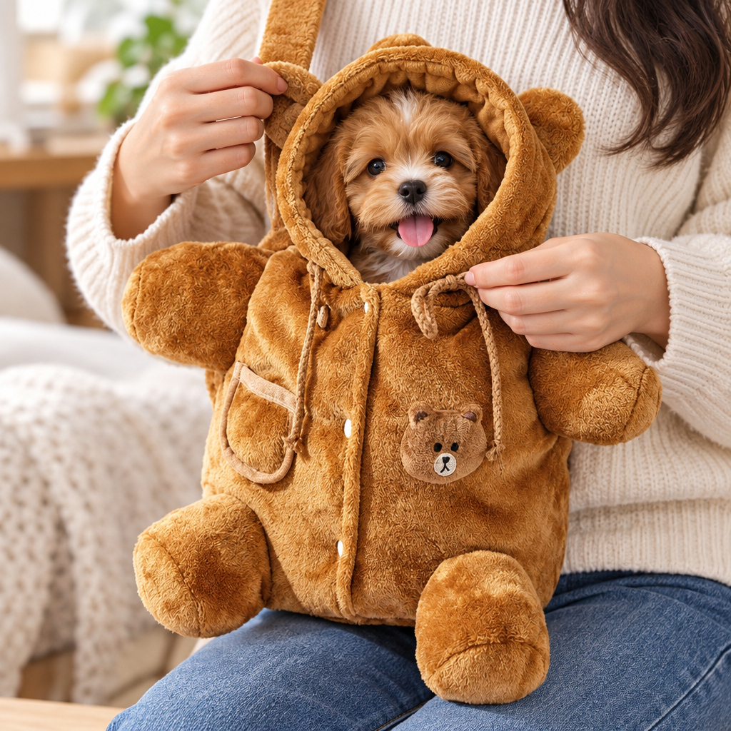 Close-up of hands adjusting the strap of the bear-style pet carrier shoulder bag while a small puppy sits snug inside