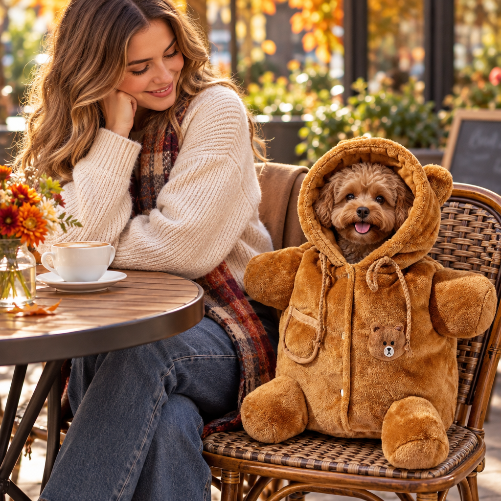 A woman sitting at an outdoor cafe table with the bear-style pet carrier shoulder bag on the chair beside her