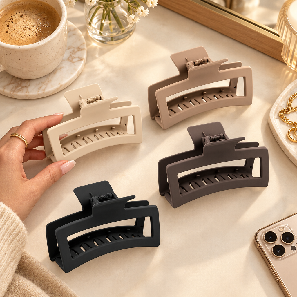 Four extra-large matte claw clips in their colors laid out on a vanity next to a coffee cup and a phone