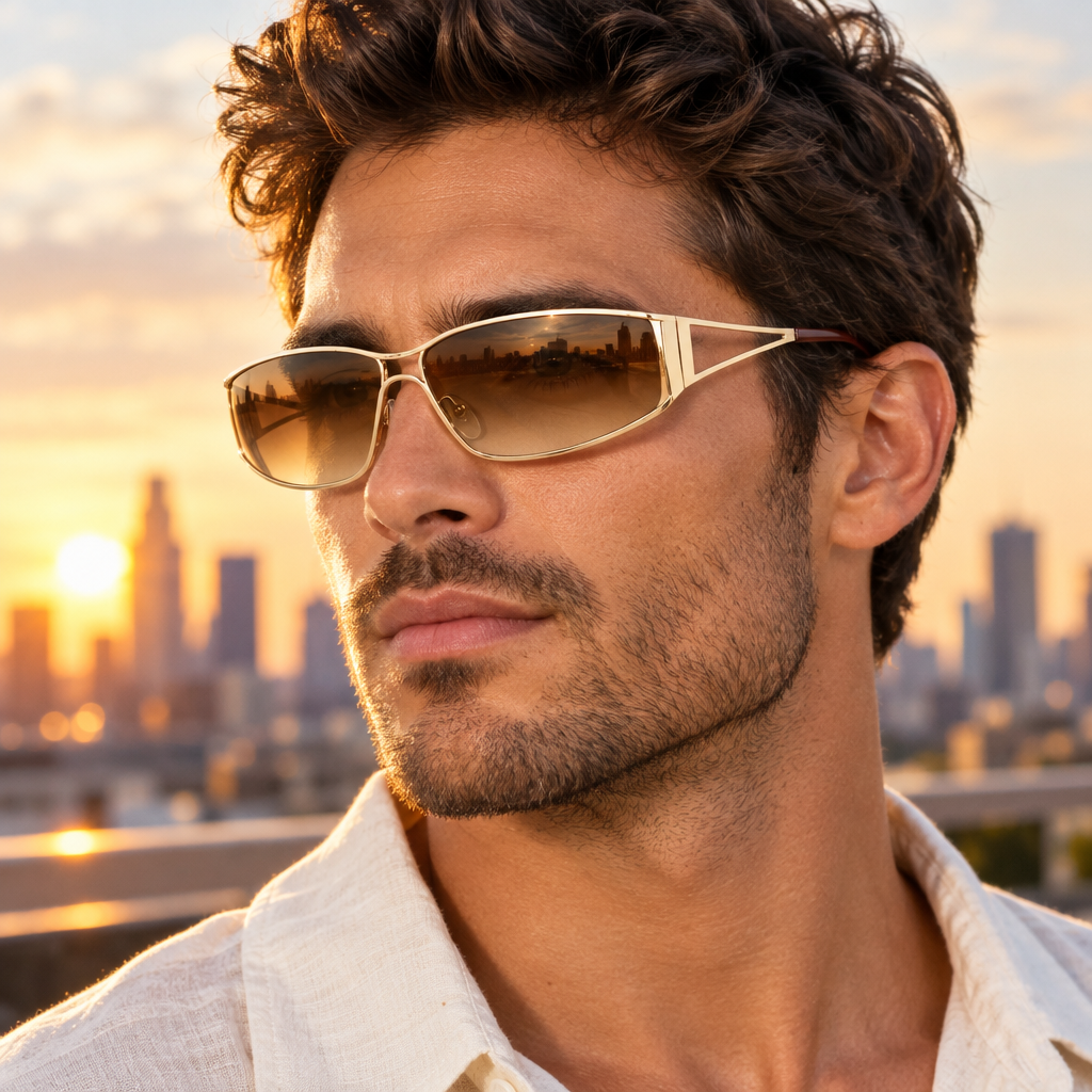Close-up portrait of a man wearing the oversized tinted sunglasses