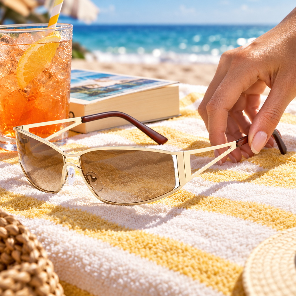 The oversized tinted sunglasses resting on a beach towel beside an iced drink and a paperback book