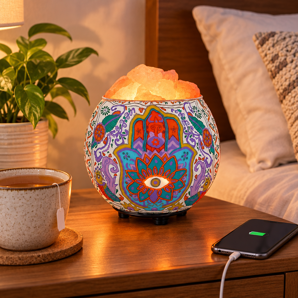 A calm bedroom nightstand scene with the glowing himalayan salt lamp in the carved bowl