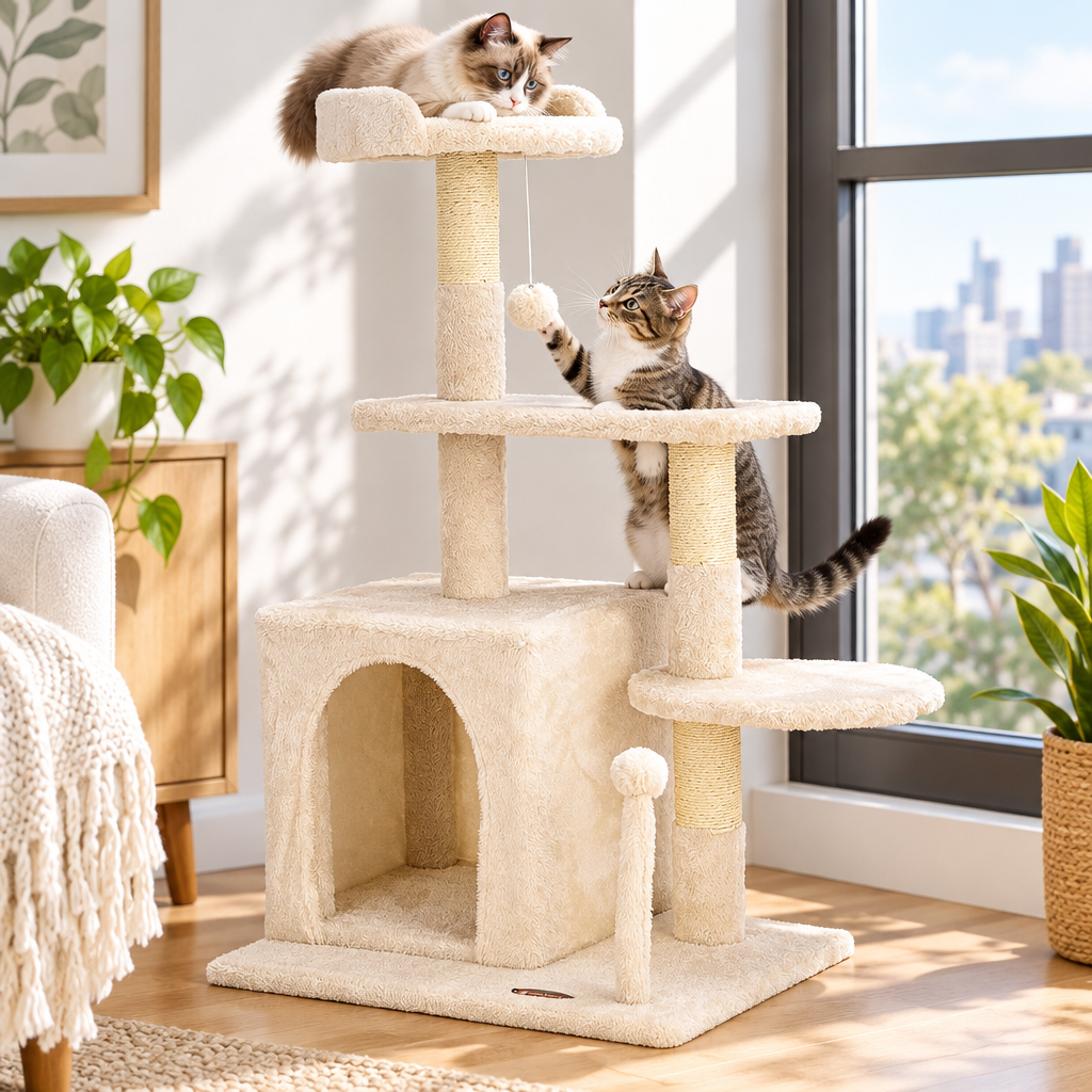 Two playful cats on the compact cat tree with condo in a bright modern apartment corner